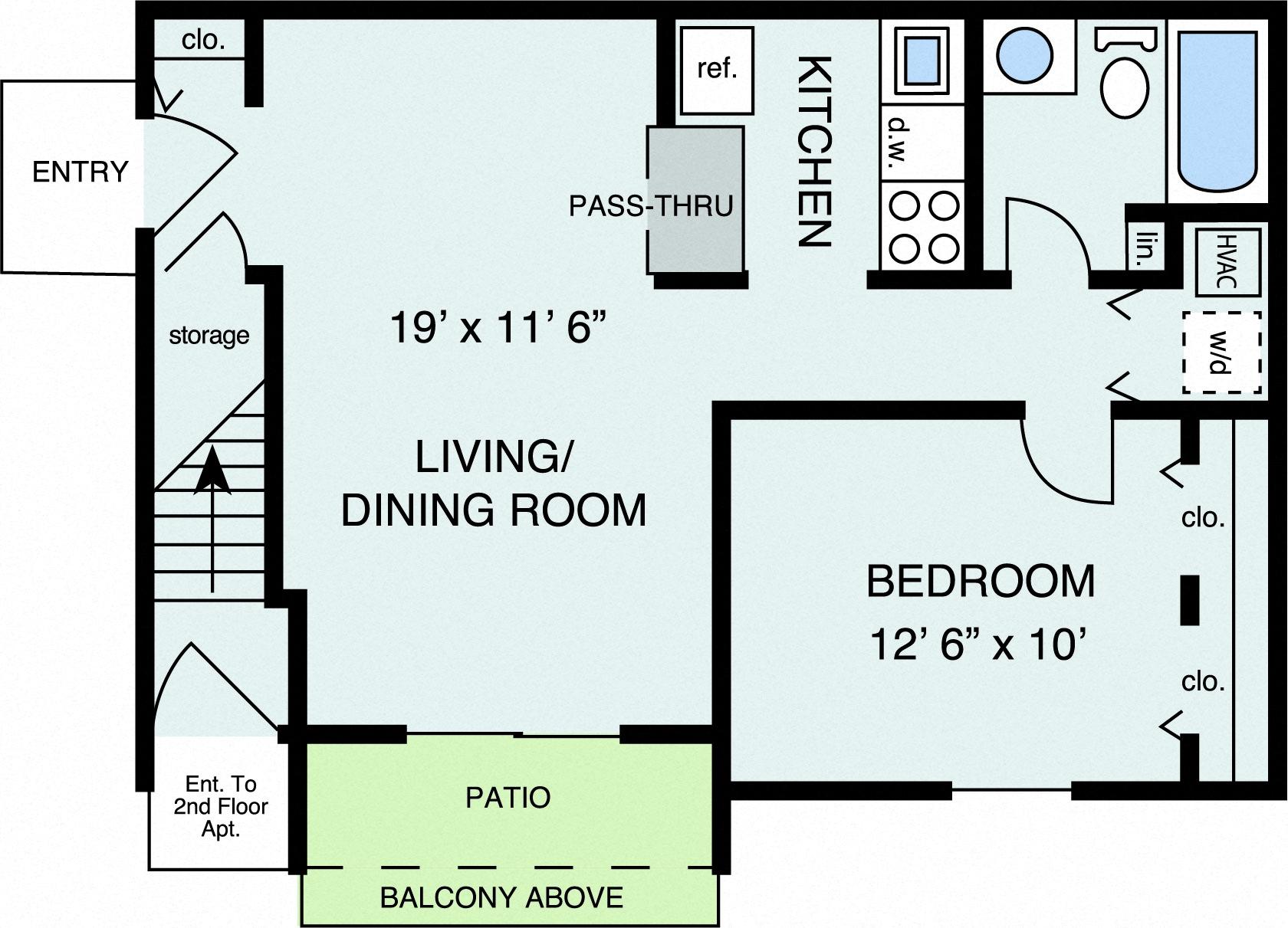 Floor plan for 1 bed, 1 bath, 644 sqft
